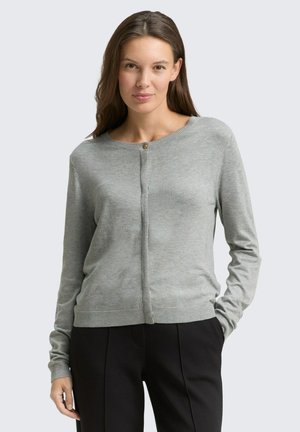 Vrouw die een lichtgrijze lange mouwen vest draagt met een kleine knoop bij de halslijn, gecombineerd met een zwarte broek, staand met één hand in de zak.