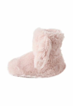 Pink fluffy boot slippers feature rounded toe, soft textured exterior, and prominent bunny ears on the sides. Cozy and warm design.