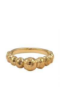 Arany gyűrű sima sávval és kerek, texturált gyöngyökkel, amelyek egyenletesen helyezkednek el az elülső részen. Polírozott felület, amely visszaveri a fényt.