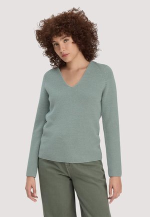 Frau mit lockigem Haar, die einen hellgrünen V-Ausschnitt-Pullover und olivgrüne Hosen trägt, steht vor einem einfarbigen Hintergrund.