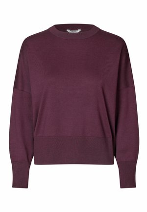 Bordeauxfarbener Strickpullover mit langen Ärmeln, Rundhalsausschnitt und gerippten Bündchen und Saum. Glatte Textur, lockere Passform und schlichtes Design.