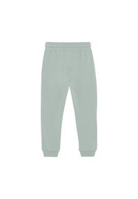 Ljusgröna sweatpants med elastisk midja och tajta mudd, tillverkade av mjuk tyg, med en slät yta och enkel design.