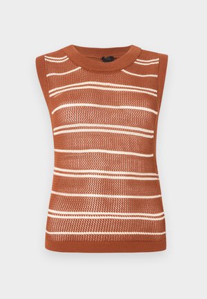 Rustoransje ermeløs strikket topp med hvite horisontale striper. Har rund halslinning og strukturert stoffmønster. Unikt åpent vevdesign.