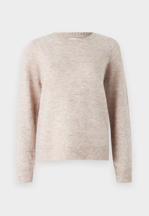 Pull léger rose fabriqué en tricot doux, avec un col rond, des manches longues, et des bords côtelés aux poignets et en bas. Fini simple et texturé.