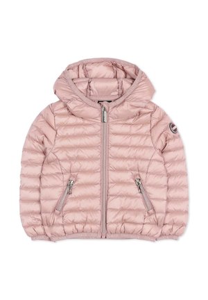 Giacca imbottita rosa chiaro con cappuccio, zip frontale, tasche laterali con zip, polsini elasticizzati e patch con logo sulla manica sinistra.