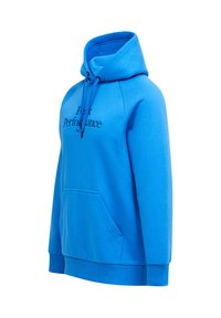 Niebieska bluza z kapturem, z przednią kieszenią typu kangur oraz czarnymi sznurkami, z czarnym napisem "Peak Performance" na piersi.