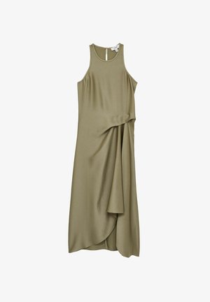 Olivegrünes ärmelloses Kleid aus glattem Stoff, mit drapiertem Design und asymmetrischem Saum, sowie einem Schlüsselloch-Ausschnitt.