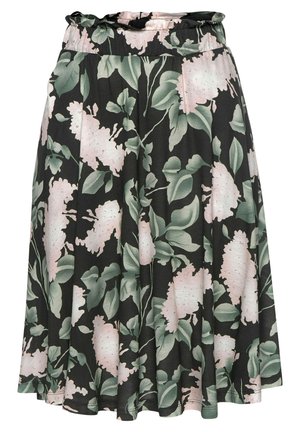 Blommig kjol i lättviktsmaterial; svart bakgrund med rosa blommor och gröna blad. Har en elastisk midja och en luftig design.