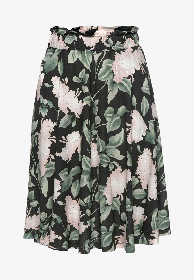 Bloemenrok van lichtgewicht stof; zwarte achtergrond met roze bloemen en groene bladeren. Heeft een elastische tailleband en een soepel vallend ontwerp.