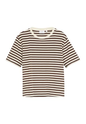 Brown and white horizontal striped short-sleeve T-shirt with crew neck and "Comma" brand label inside the collar.