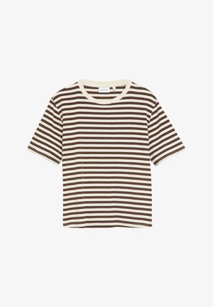 Brązowo-biała koszulka w poziome paski, z krótkim rękawem i okrągłym dekoltem, z metką marki "Comma" wewnątrz kołnierzyka.