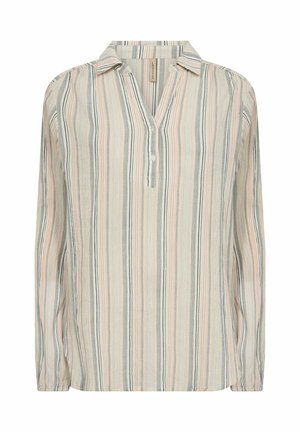 Triibuline pika varrukaga pluus kerges kangas. Omab pastelset roosa, halli ja valget vertikaalset triipu; krae ja kaks esist nuppu.