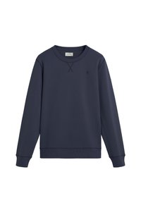 Sudadera azul marino, cuello redondo, mangas largas, puños y dobladillo de canalé, con un pequeño logo en el pecho y detalles de costura plana.