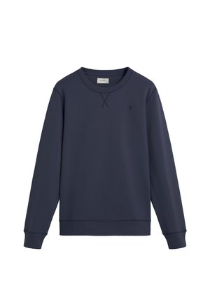 Sudadera azul marino, cuello redondo, mangas largas, puños y dobladillo de canalé, con un pequeño logo en el pecho y detalles de costura plana.