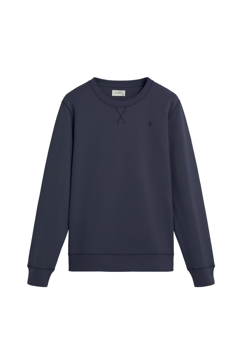 Sudadera azul marino, cuello redondo, mangas largas, puños y dobladillo de canalé, con un pequeño logo en el pecho y detalles de costura plana.