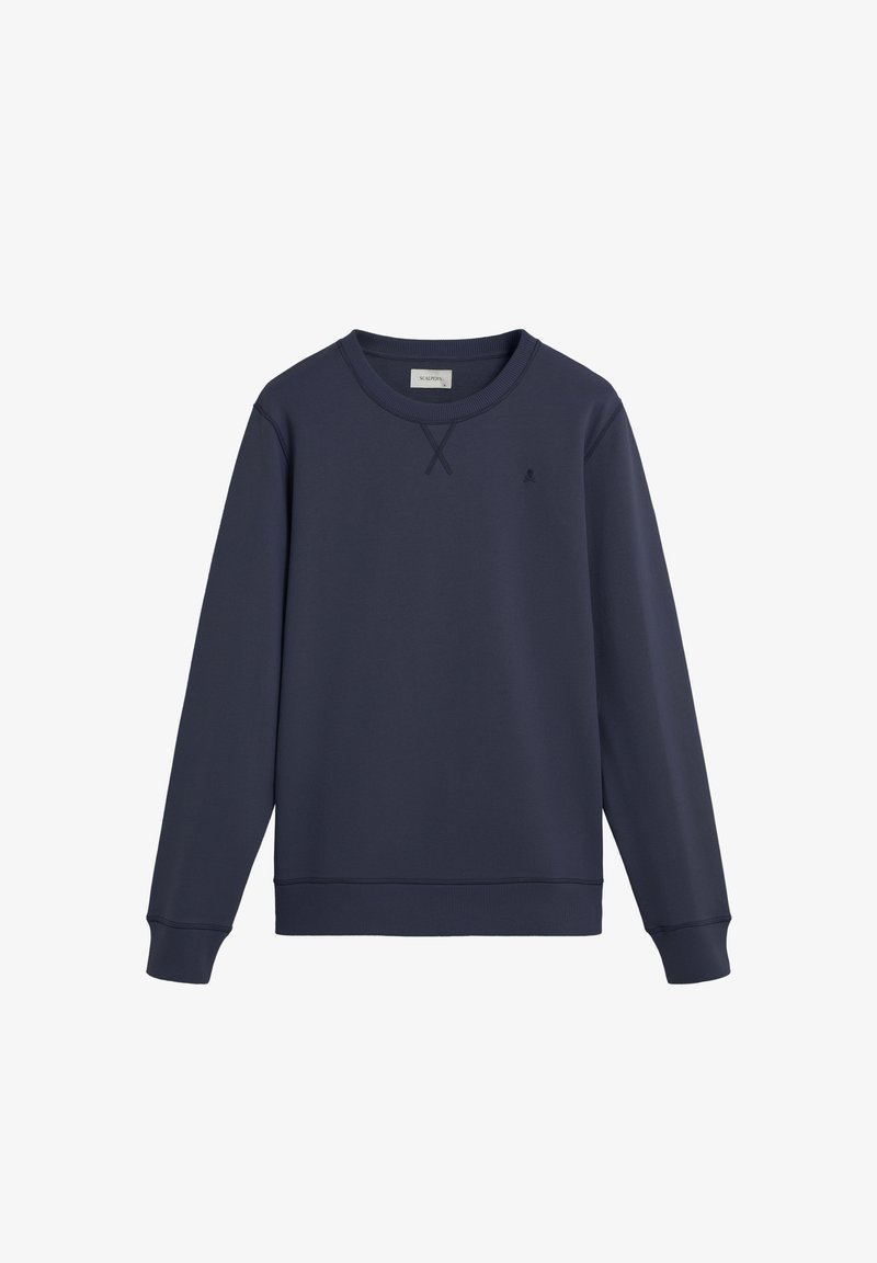 Navyblauwe sweatshirt, ronde hals, lange mouwen, ribgebreide boorden en zoom, met een klein logo op de borst en flatlock stiksel details.