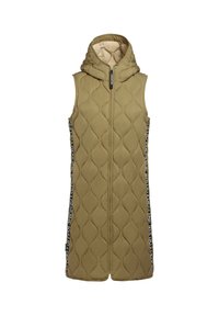 Gilet lungo in khaki con cappuccio, caratterizzato da un motivo trapuntato, zip frontale e branding laterale a contrasto. Texture liscia.