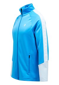 Giacca atletica azzurro chiaro con colletto alto, chiusura con zip, tasca laterale e testo bianco "PERFORMANCE" lungo la manica.