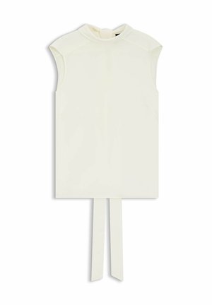 White sleeveless top with a high neckline, featuring a back tie detail and smooth, slight sheen fabric that drapes flat.