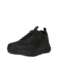 Mustat urheilukengät, joissa on sileä synteettinen päällinen, rakennekorostukset, tukeva nauhakiinnitys ja paksu kumipohja, jossa on pito-ominaisuuksia.