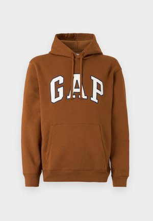Brown hooded sweatshirt with front pocket and large white "GAP" logo outlined in navy blue on the chest.