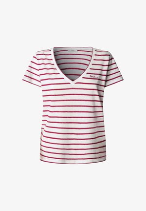 White short-sleeve V-neck shirt with horizontal red stripes and small red "Pepe Jeans" logo on the left chest.