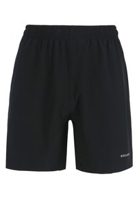 Zwarte sport shorts met een elastische tailleband, een losse pasvorm en een klein merkembleem op de rechteronderzijde. Gemaakt van lichtgewicht stof.