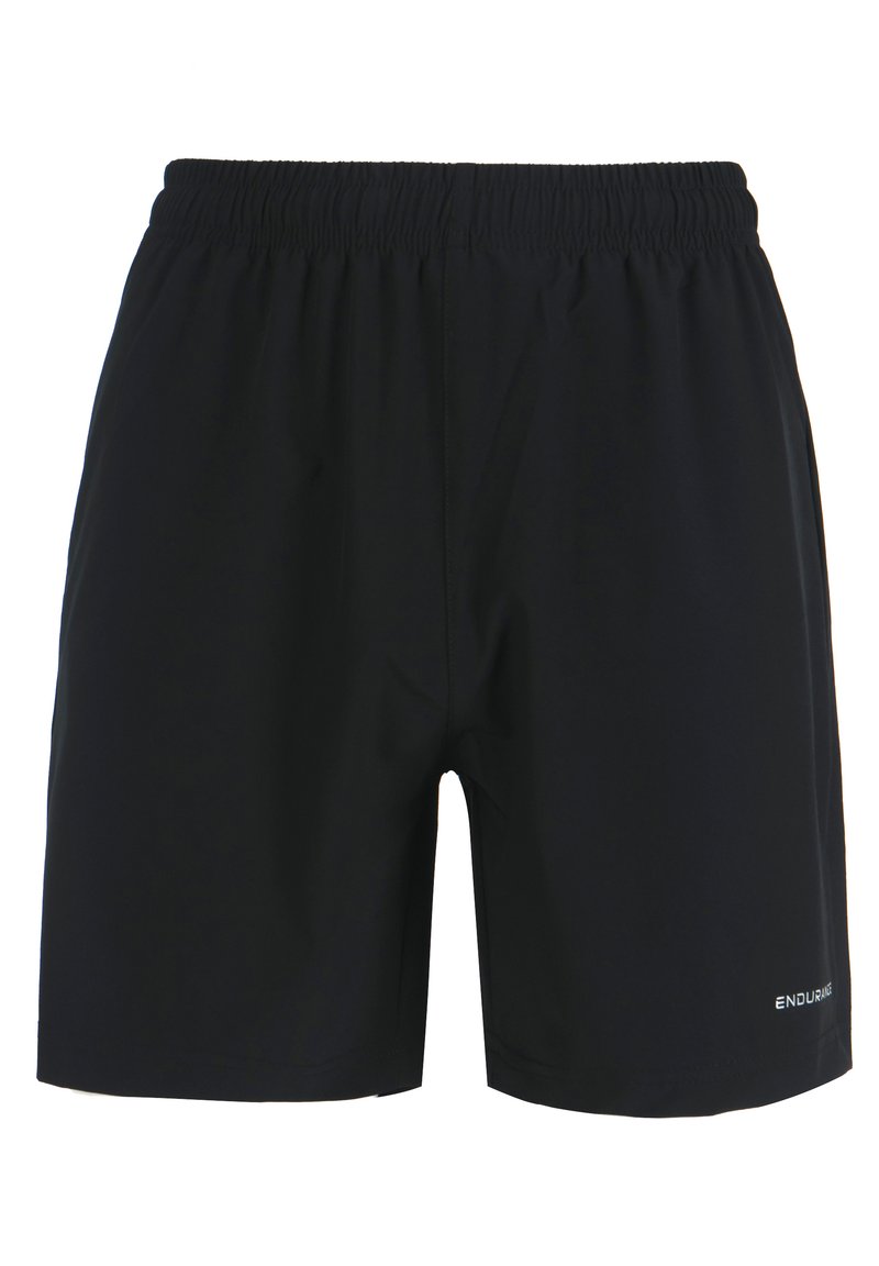 Zwarte sport shorts met een elastische tailleband, een losse pasvorm en een klein merkembleem op de rechteronderzijde. Gemaakt van lichtgewicht stof.