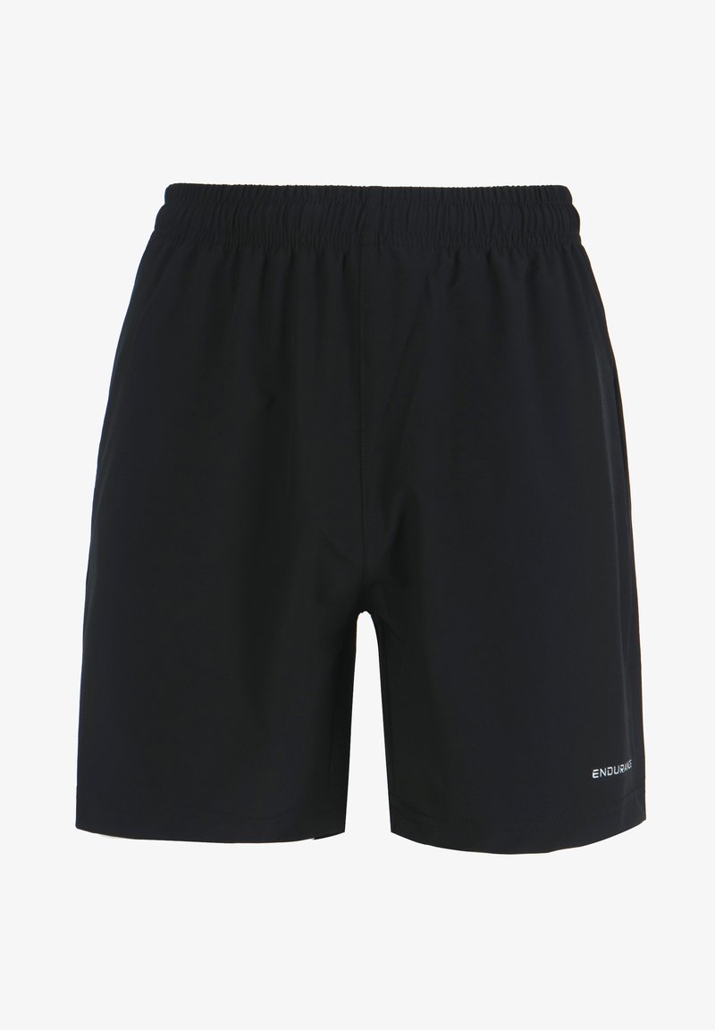 Zwarte sport shorts met een elastische tailleband, een losse pasvorm en een klein merkembleem op de rechteronderzijde. Gemaakt van lichtgewicht stof.