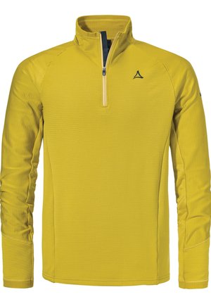 Gelber Pullover mit einem Viertelreißverschluss und hohem Kragen, aus strukturiertem Stoff. Verfügt über lange Ärmel und ein kleines Logo auf der Brust.