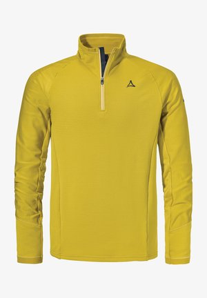 Gelber Pullover mit einem Viertelreißverschluss und hohem Kragen, aus strukturiertem Stoff. Verfügt über lange Ärmel und ein kleines Logo auf der Brust.