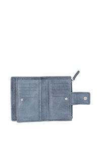 Niebieski skórzany portfel z wieloma przegródkami na karty, zapięciem na zatrzask i zamykaną na zamek kieszenią. Gładka faktura i minimalistyczny design.