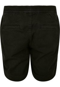 Shorts en coton noir avec une taille élastique, dotés de deux poches arrière et d'une coupe droite. Texture lisse sans motifs visibles.