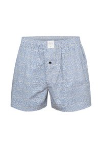 Lichtblauwe boxers met een abstract wit patroon, elastische tailleband en een enkele knoopsluiting. Zacht materiaal en een relaxte pasvorm.