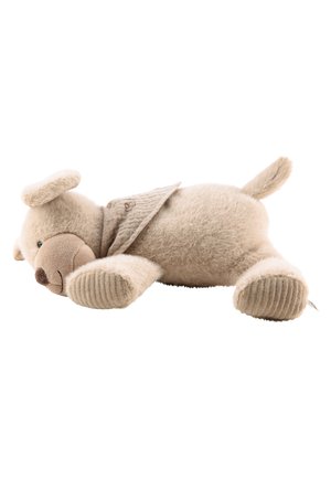 Giocattolo per cani in morbido beige con una sciarpa in tessuto texture, corpo arrotondato, caratteristiche facciali ricamate e accenti in corduroy su zampe e piedi.