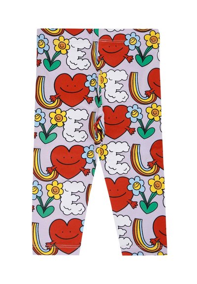 Leggings colorati di un leggero viola con un motivo giocoso di cuori rossi, fiori sorridenti, arcobaleni e nuvole, dotati di una cintura elasticizzata.