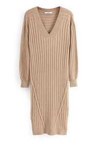 Robe en maille beige avec un col en V, des manches longues, une texture côtelée verticale, des découpes sur les côtés, ainsi que des poignets et un ourlet côtelés.