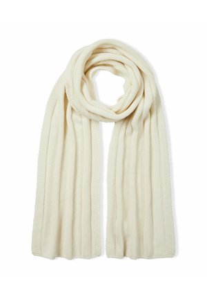 Bufanda de punto crema con textura acanalada, forma rectangular larga y un tejido suave, adecuada para abrigar y hacer capas.