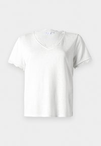 Hvid kortærmet t-shirt med V-hals, udsmykket med en delikat blondekant ved halsudskæringen og ærmekanterne, lavet af letvægtsstof.