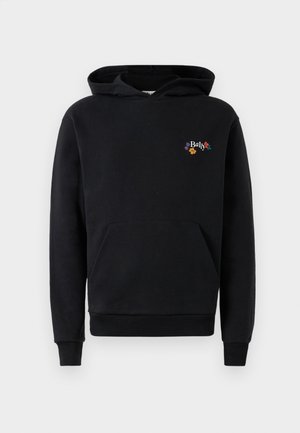 Sort hættetrøje i blødt bomuld. Har en kengurulomme, ribbede manchetter og kant, samt et broderet "Bally" logo med blomstrede accenter på brystet.