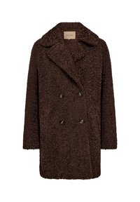 Brauner Fleece-Doppelreihermantel mit einem Reverskragen und zwei schwarzen Knöpfen. Weiche Textur; mittellanges Design mit überschnittenen Schultern.