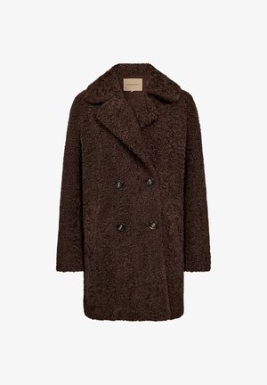 Brauner Fleece-Doppelreihermantel mit einem Reverskragen und zwei schwarzen Knöpfen. Weiche Textur; mittellanges Design mit überschnittenen Schultern.
