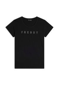 T-shirt nera in cotone con scollatura rotonda, maniche corte e testo ricamato bianco "FREDDY" sul petto. Texture liscia.