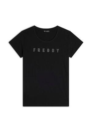 T-shirt nera in cotone con scollatura rotonda, maniche corte e testo ricamato bianco "FREDDY" sul petto. Texture liscia.