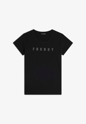 T-shirt nera in cotone con scollatura rotonda, maniche corte e testo ricamato bianco "FREDDY" sul petto. Texture liscia.