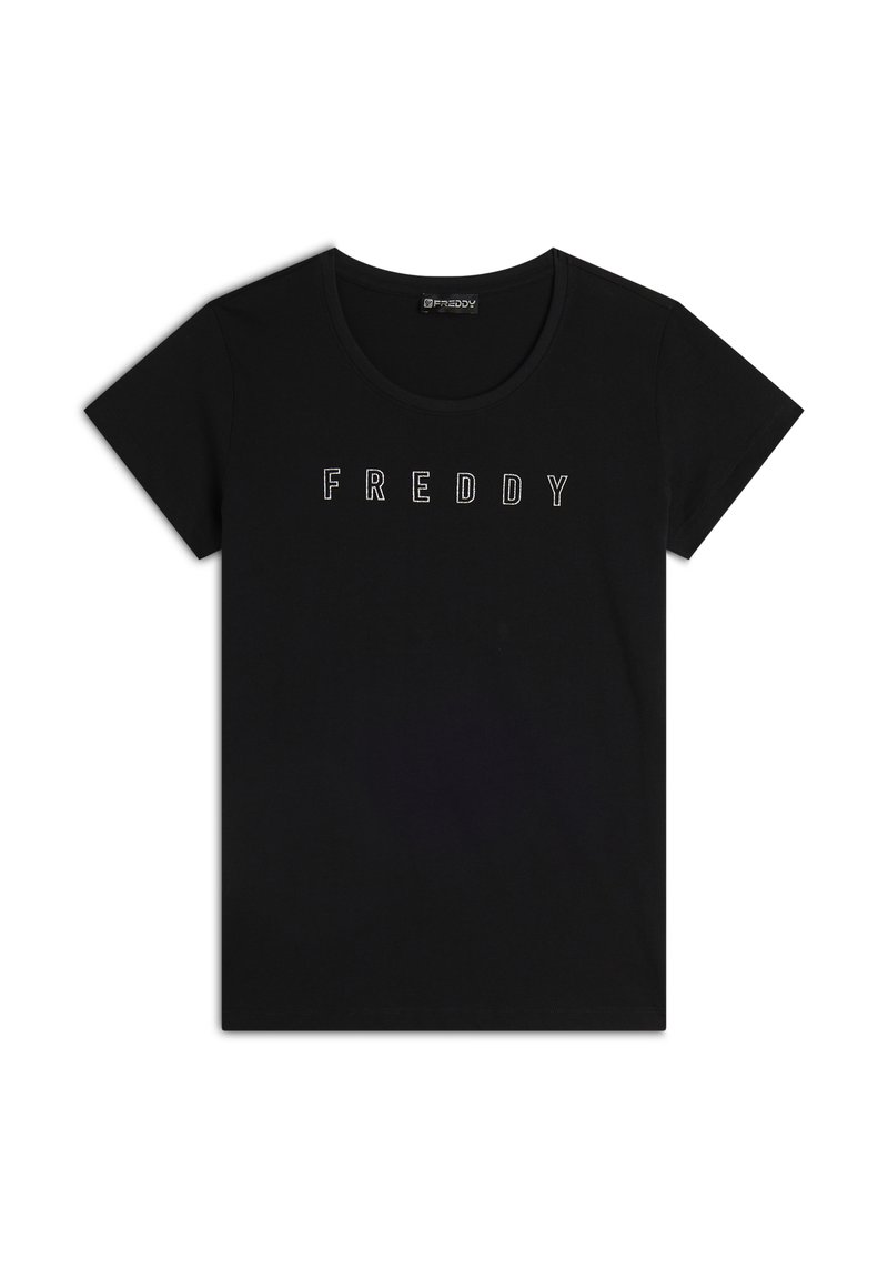 T-shirt nera in cotone con scollatura rotonda, maniche corte e testo ricamato bianco "FREDDY" sul petto. Texture liscia.