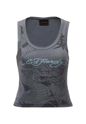 Sleeveless gray tank top featuring a dragon graphic in black and turquoise "Ed Hardy" logo across the chest. Made of soft, stretchy fabric.
