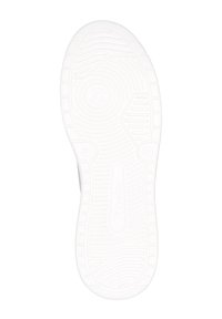 Weiße Sneaker-Sohle mit strukturierten Griffmustern, kreisförmigen Akzenten und Branding-Details, ausgestattet mit Flexrillen für verbesserte Traktion.