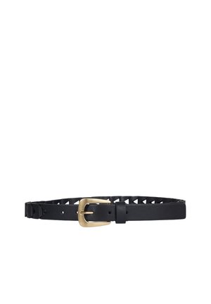 Black leather belt with triangular cutout design and gold-toned rectangular buckle laid flat on white background.
