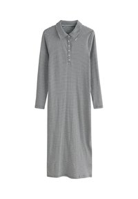 Rochie cu mâneci lungi, guler cu nasturi, dungi alb-negru, fante cu nasturi și croială dreaptă, ajungând până la jumătatea gambei.